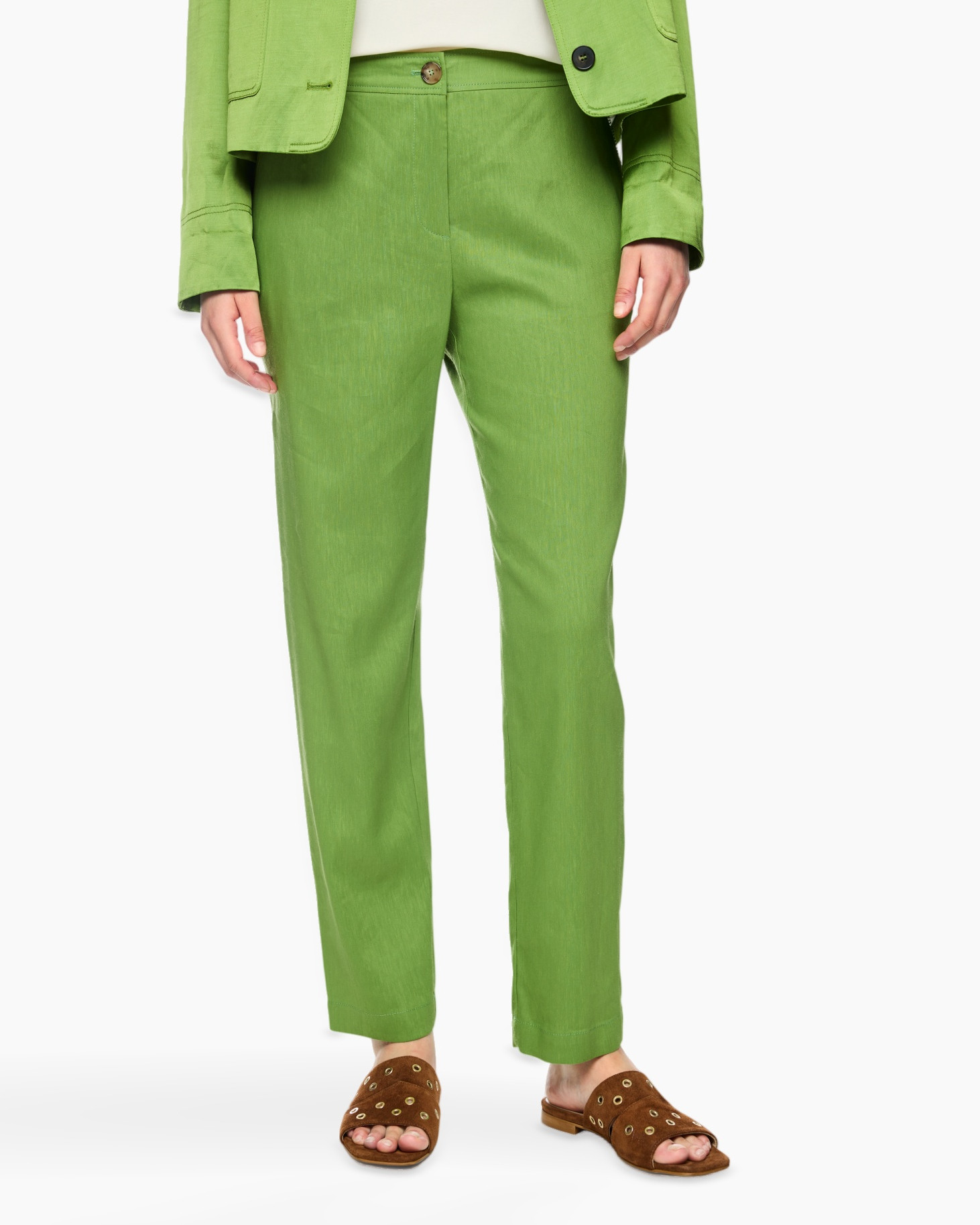 pants, lime-green, slacks, linen-like, open-toe sandals