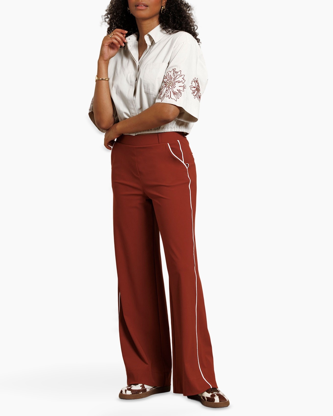 top, blouse, embroidery, wide-leg, pants