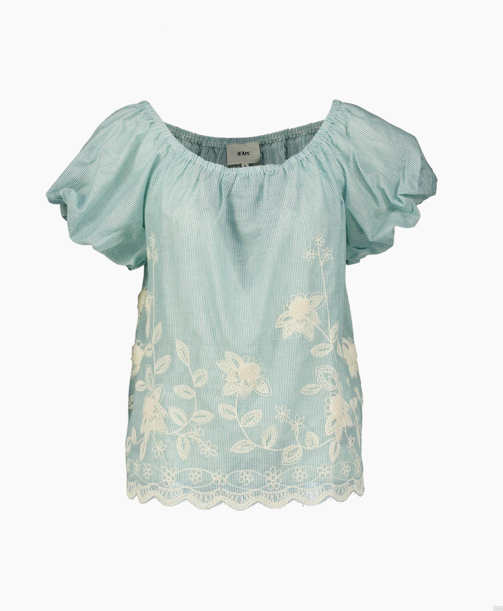 blouse, short sleeves, embroidery, lace hem, striped fabric
