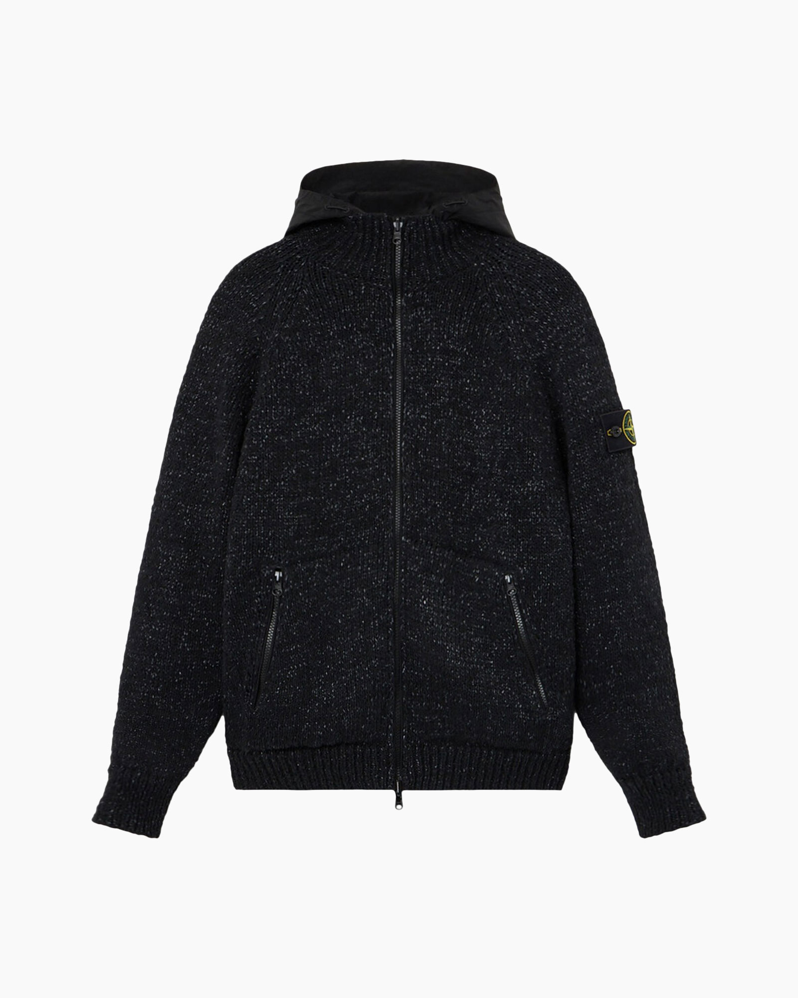 hooded, knit, jacket, zipper, pockets