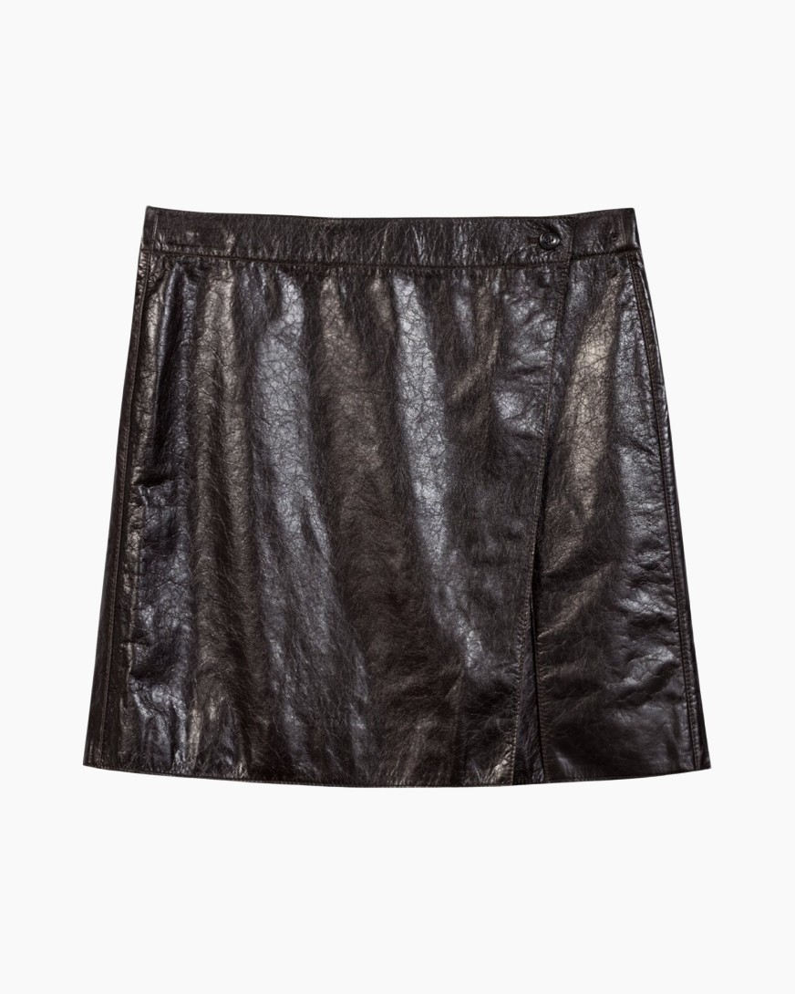 skirt, leather, black, mid-length, pleats