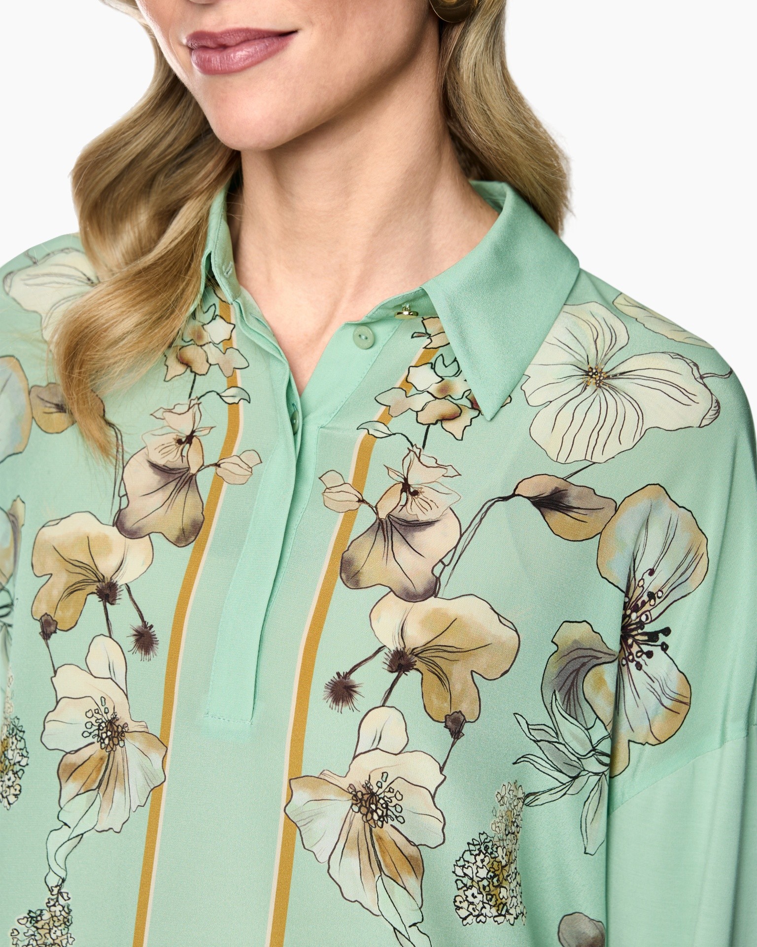 blouse, flower pattern, mint green, collar, button placket