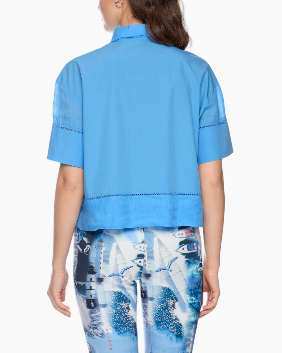 top, short-sleeve, collared, blue, linen-like