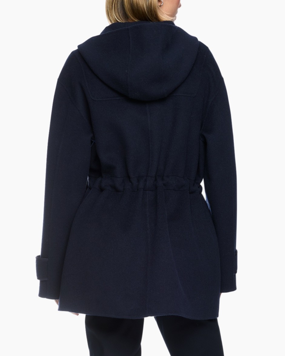 coat, overcoat, hood, knee-length, dark-blue