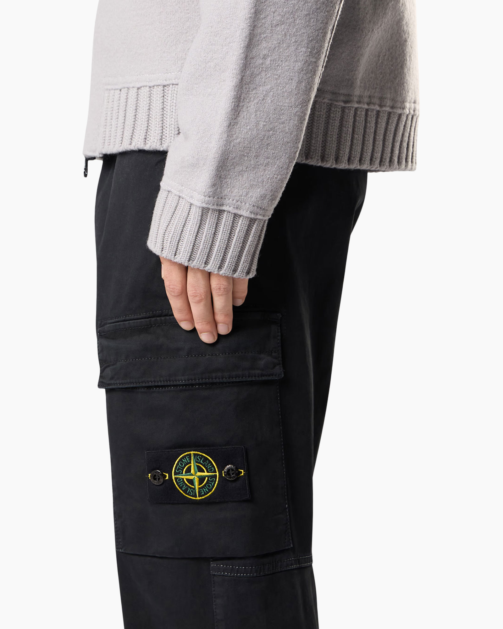 cargo pants, side pocket, logo patch, black, knit sweater
