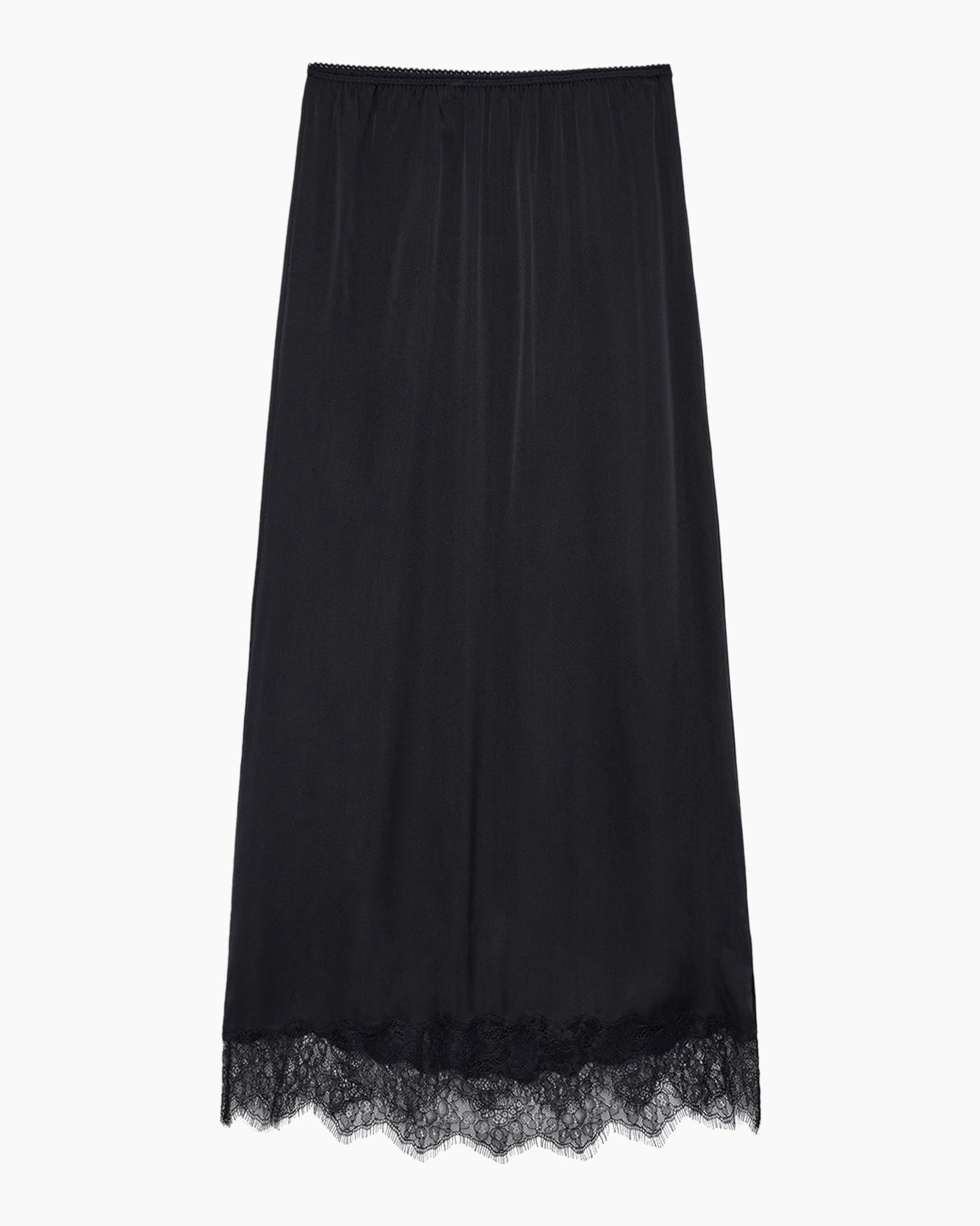 skirt, black, lace hem, midi length, elastic waistband
