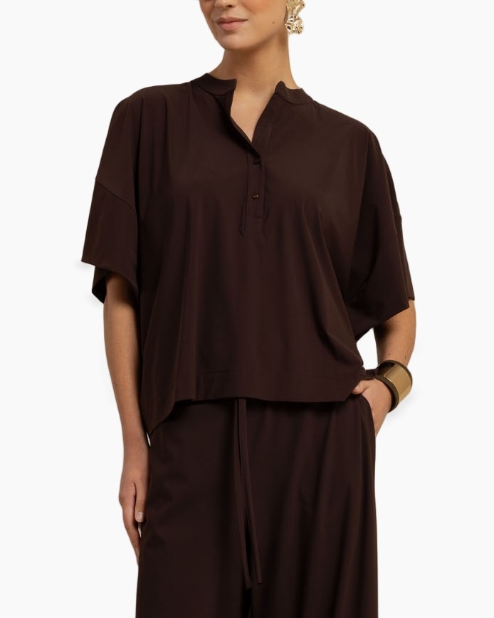 top, loose fit, short sleeves, brown, collared polo-style