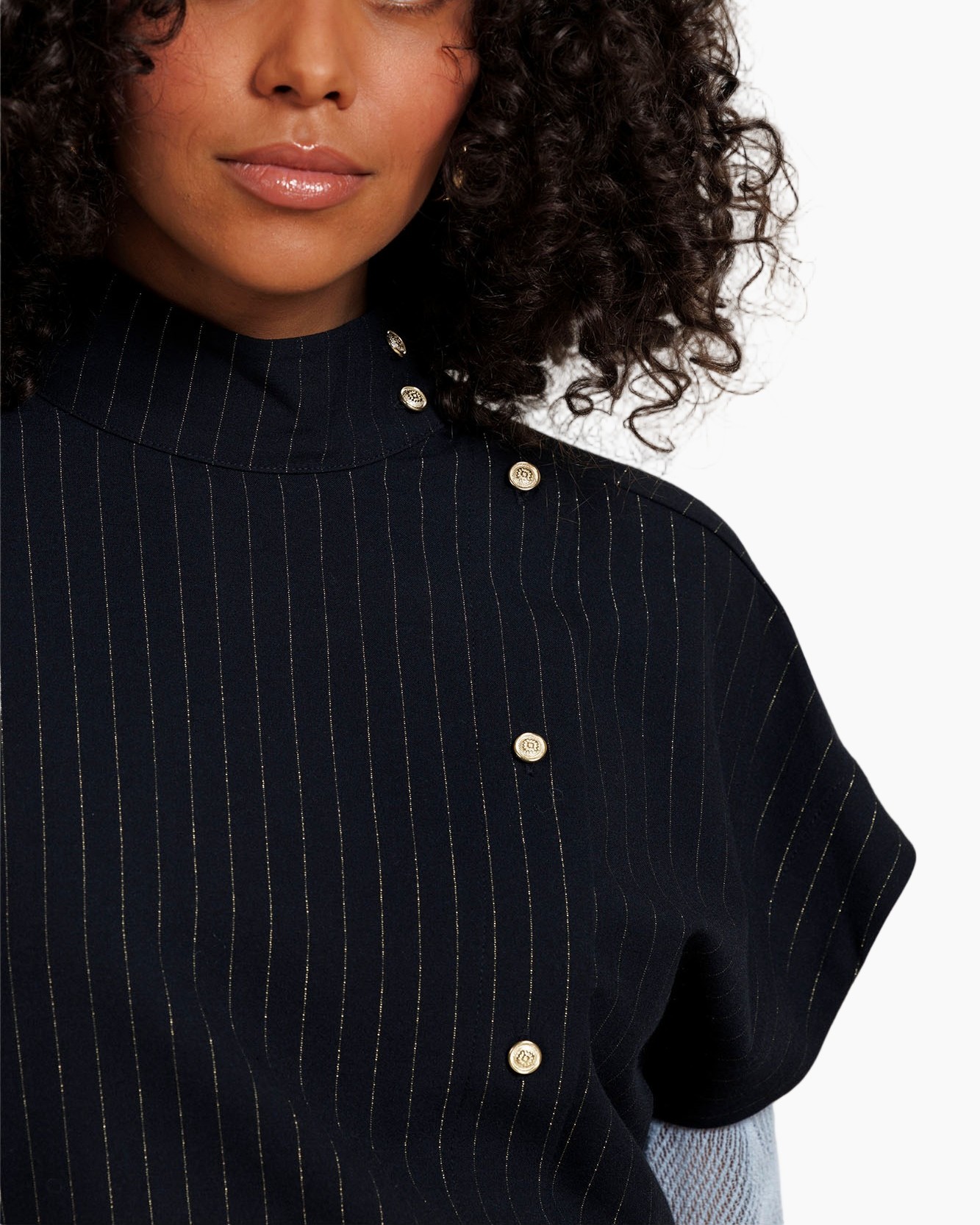 turtleneck, pinstripe, navy, gold buttons, knit top
