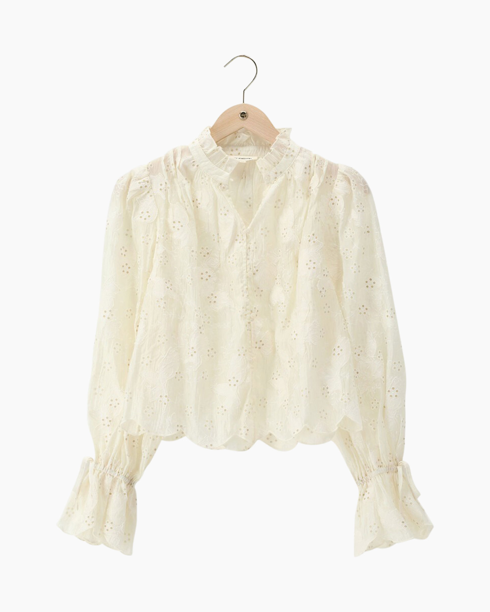 blouse, eyelet, embroidery, long-sleeve, ruffled
