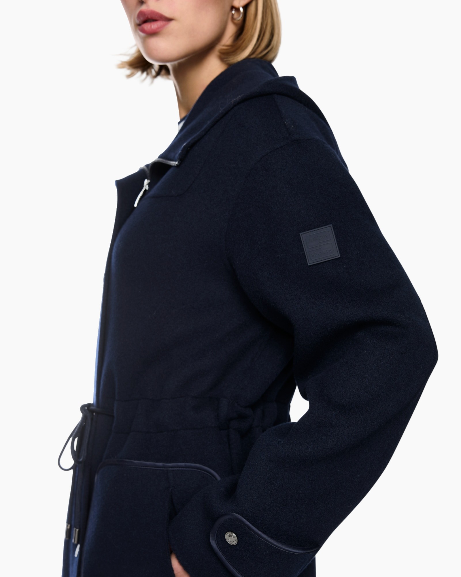 coat, navy, zip, belt, patch