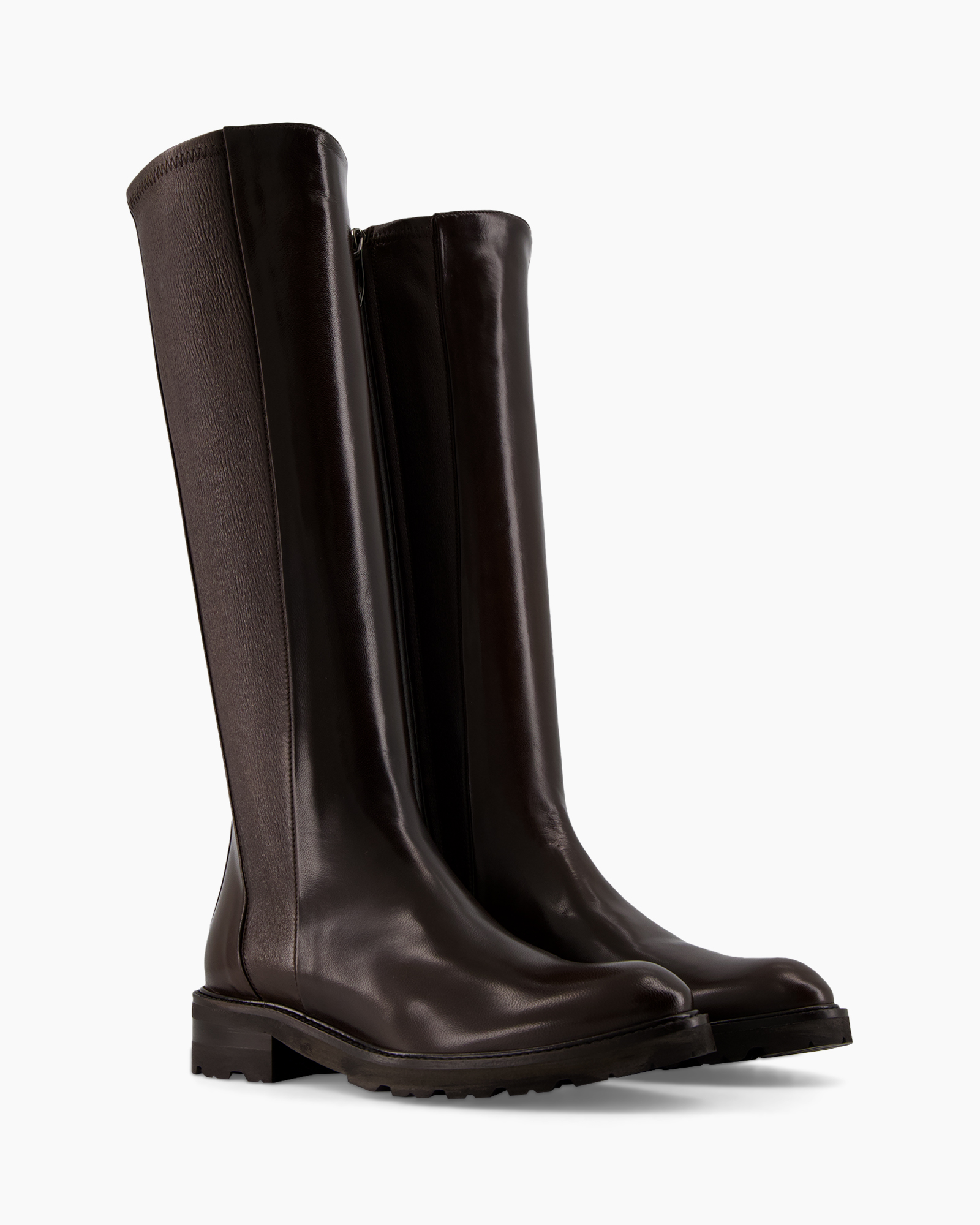 knee-high boot, brown leather, mid-cheel, slim shaft, flat sole