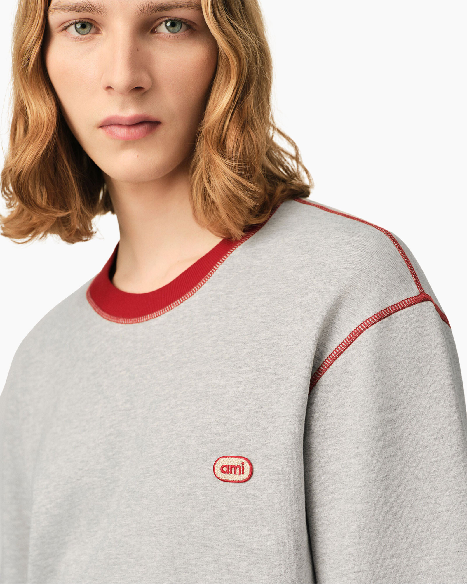 crewneck, sweatshirt, gray, red trim, logo small