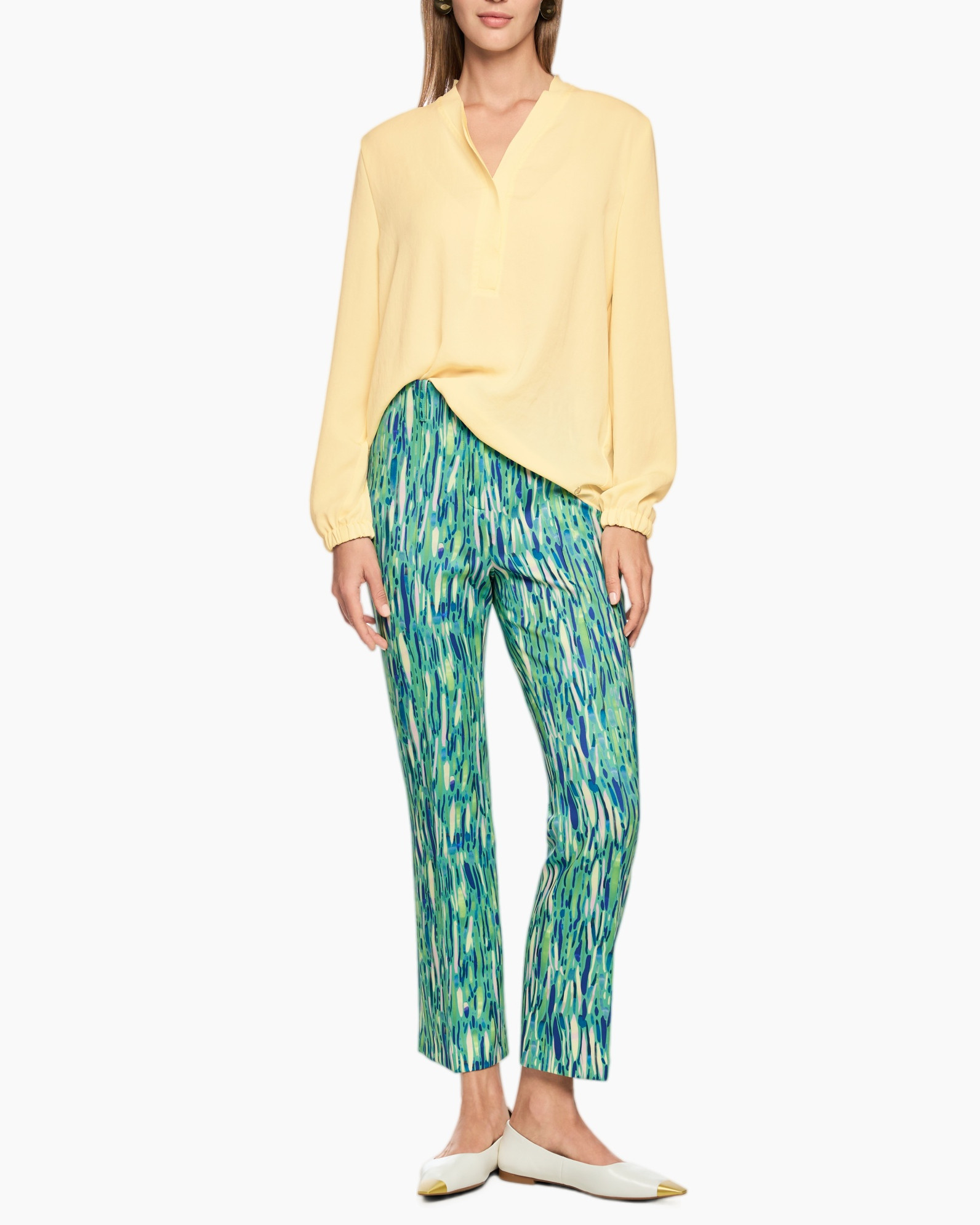 blouse, long sleeves, pale yellow, v-neck, pants, print pants, green blue pattern, wide-leg?, slip-on flats, fashion outfit