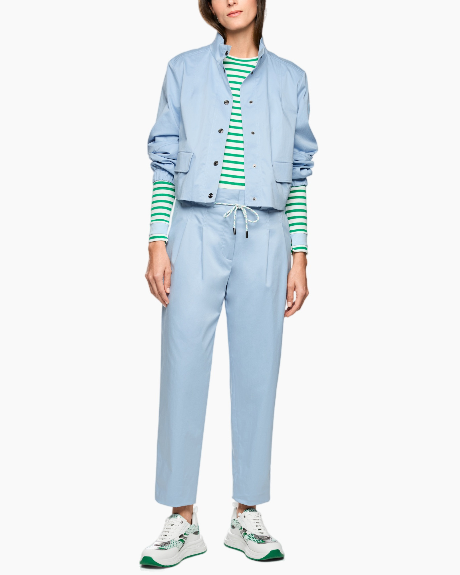 light blue outfit, jacket, pants, sneakers, striped shirt