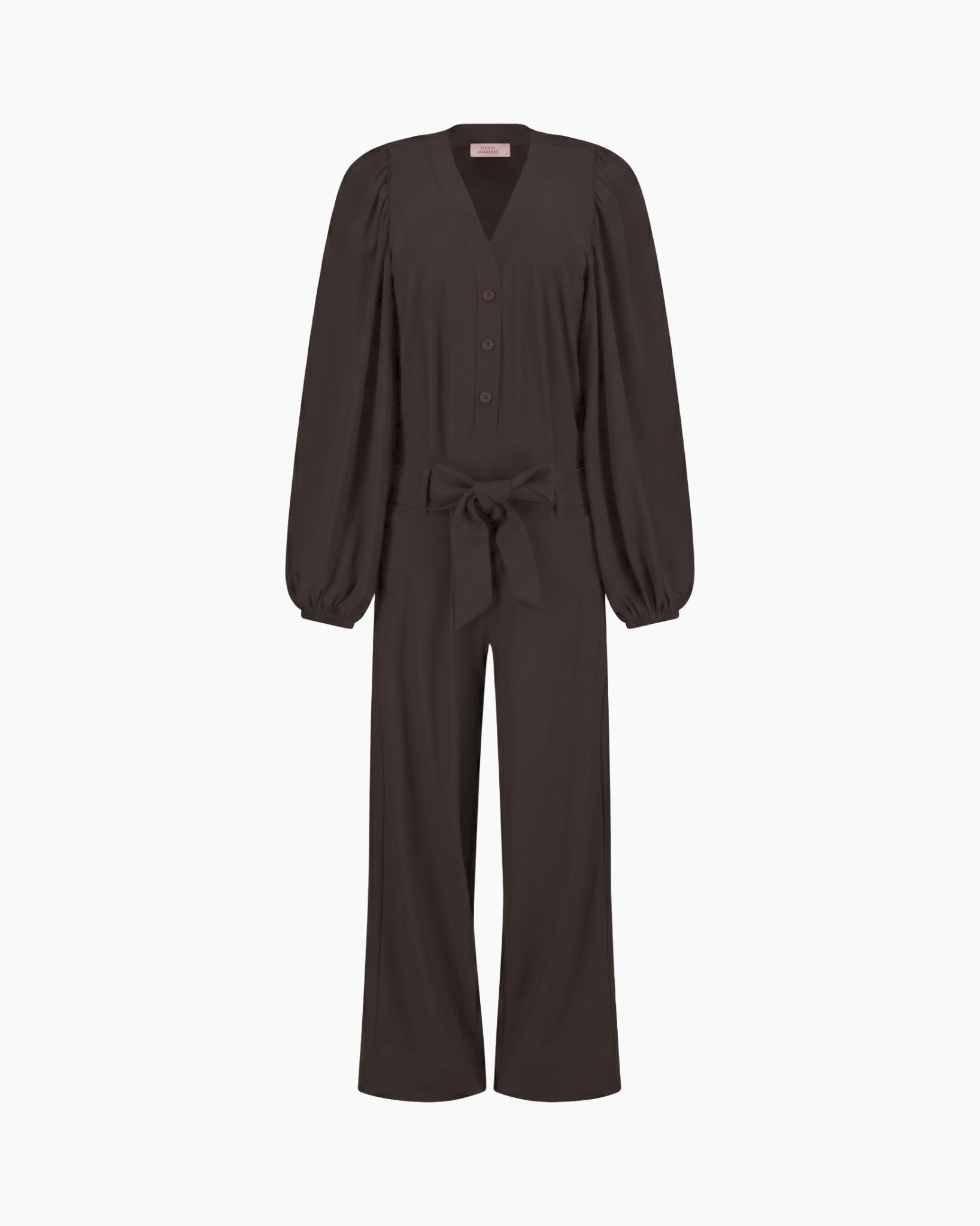 jumpsuit, brown, wide-leg, button-down, belted