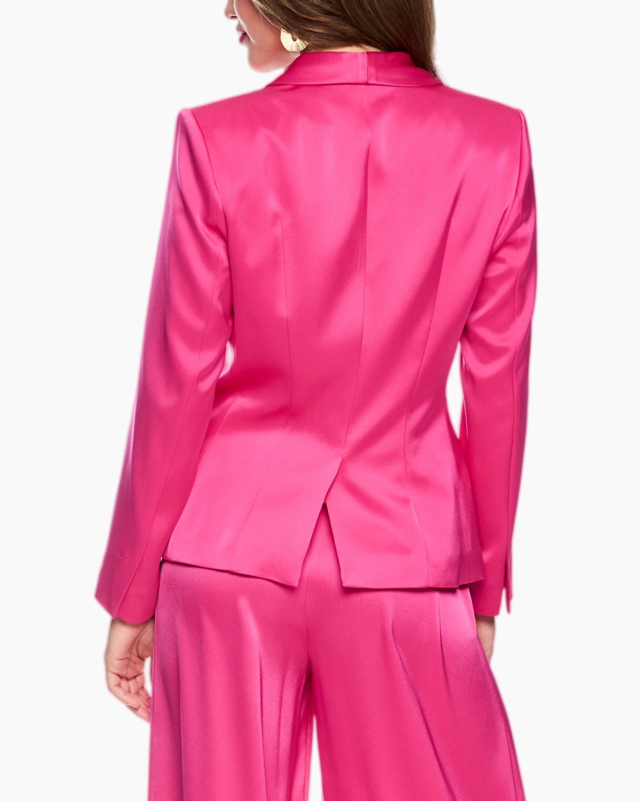 pink suit, blazer, pants, solid color, satiny finish