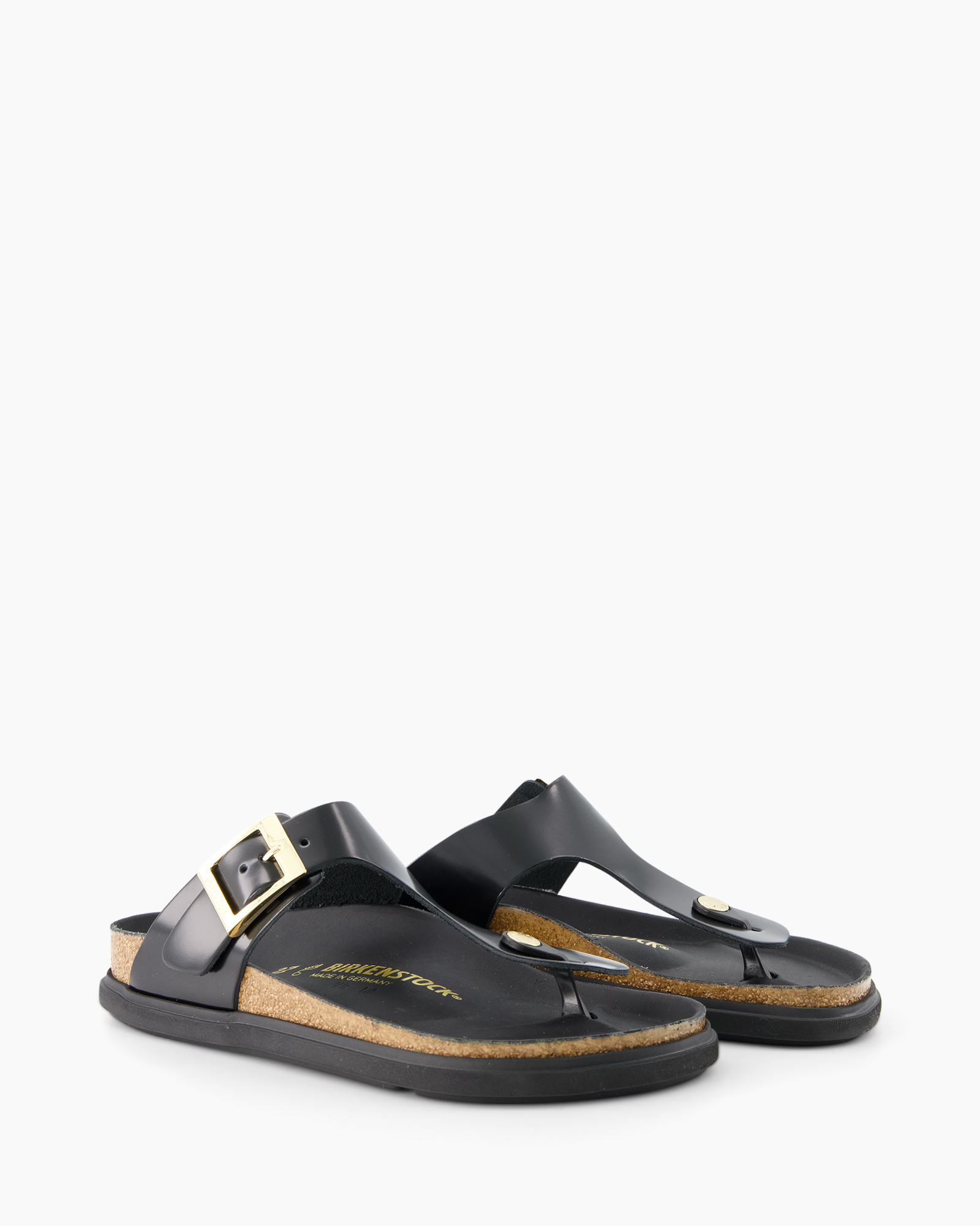 sandals, black, thong, buckle, cork sole