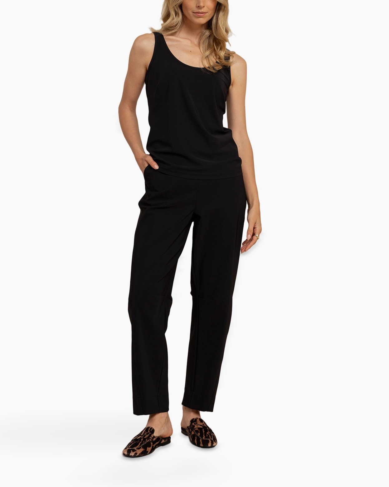 pants, black, lounging, cropped, slip-on shoes