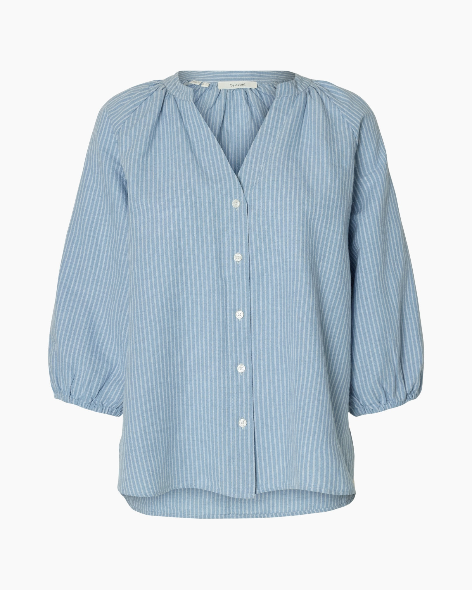 blouse, striped, blue, button-down, puff-sleeve