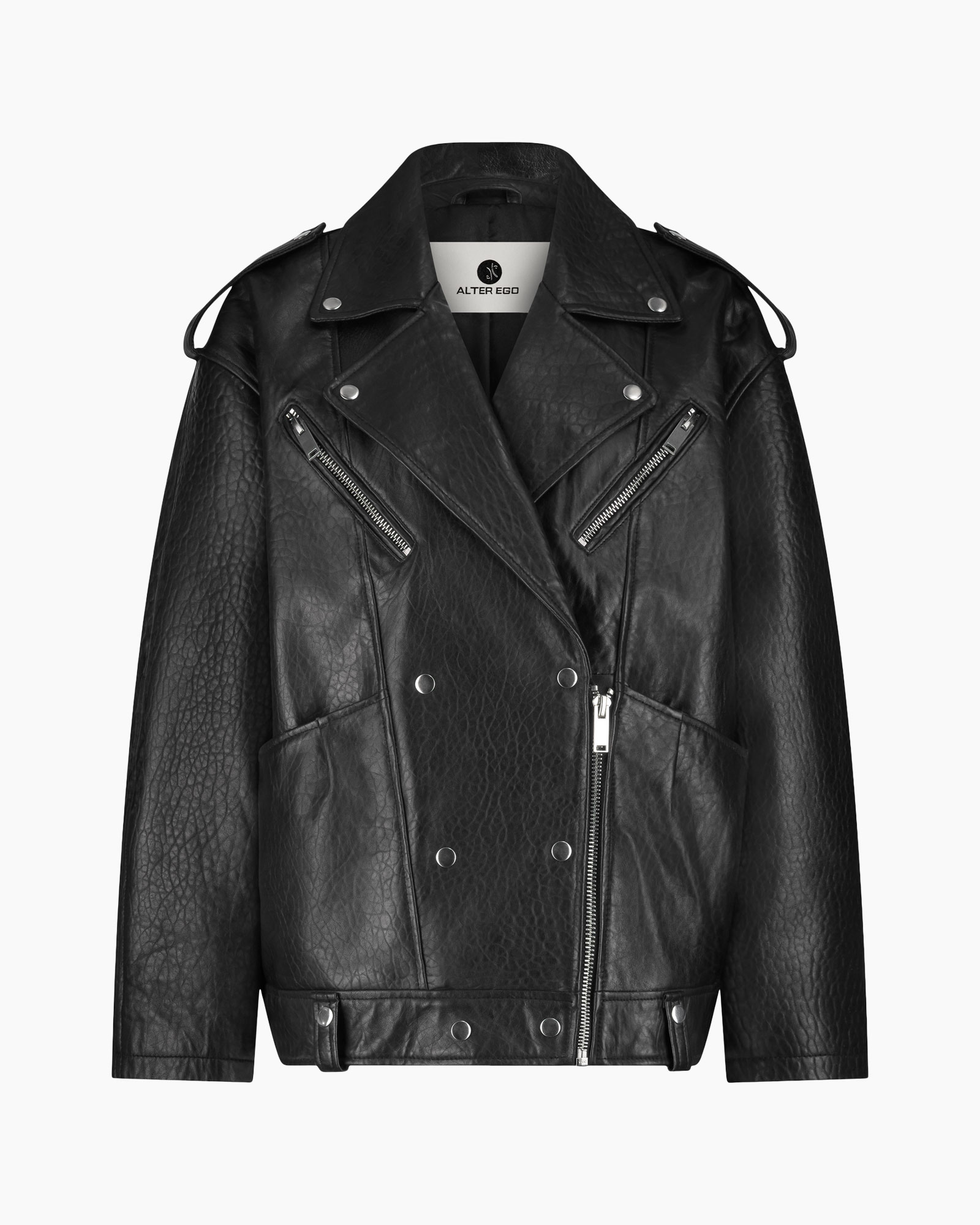 leather jacket, biker jacket, zippers, metal hardware, black