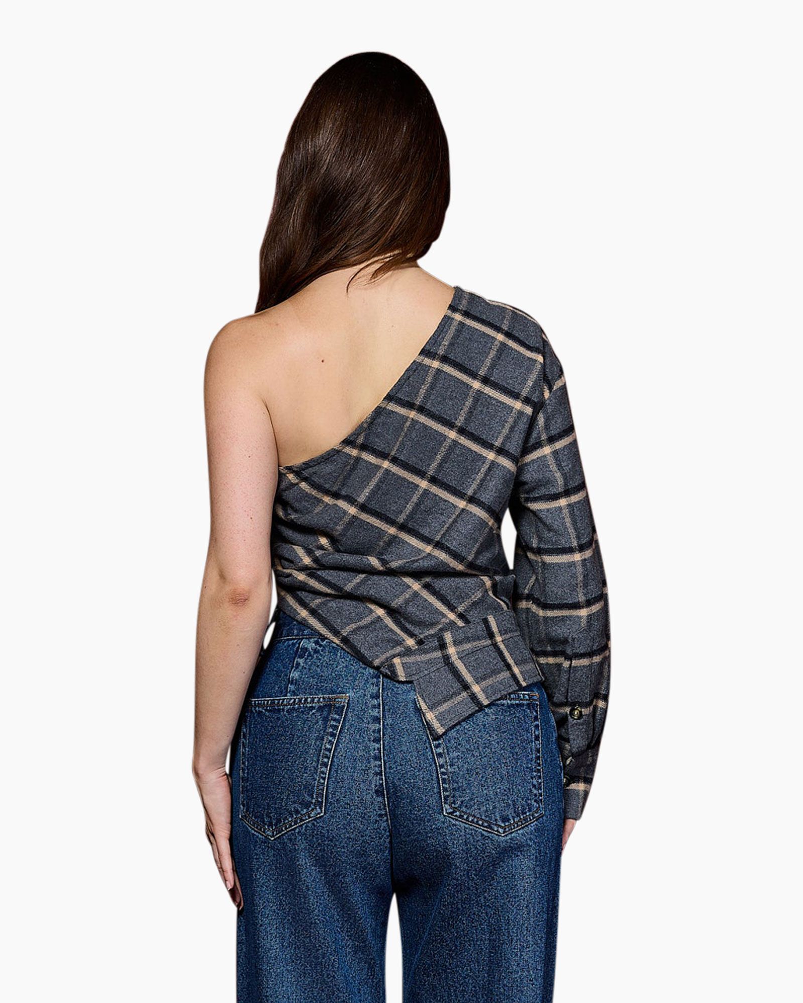 one-shoulder top,  plaid top,  long-sleeve,  knit fabric,  blue gray
