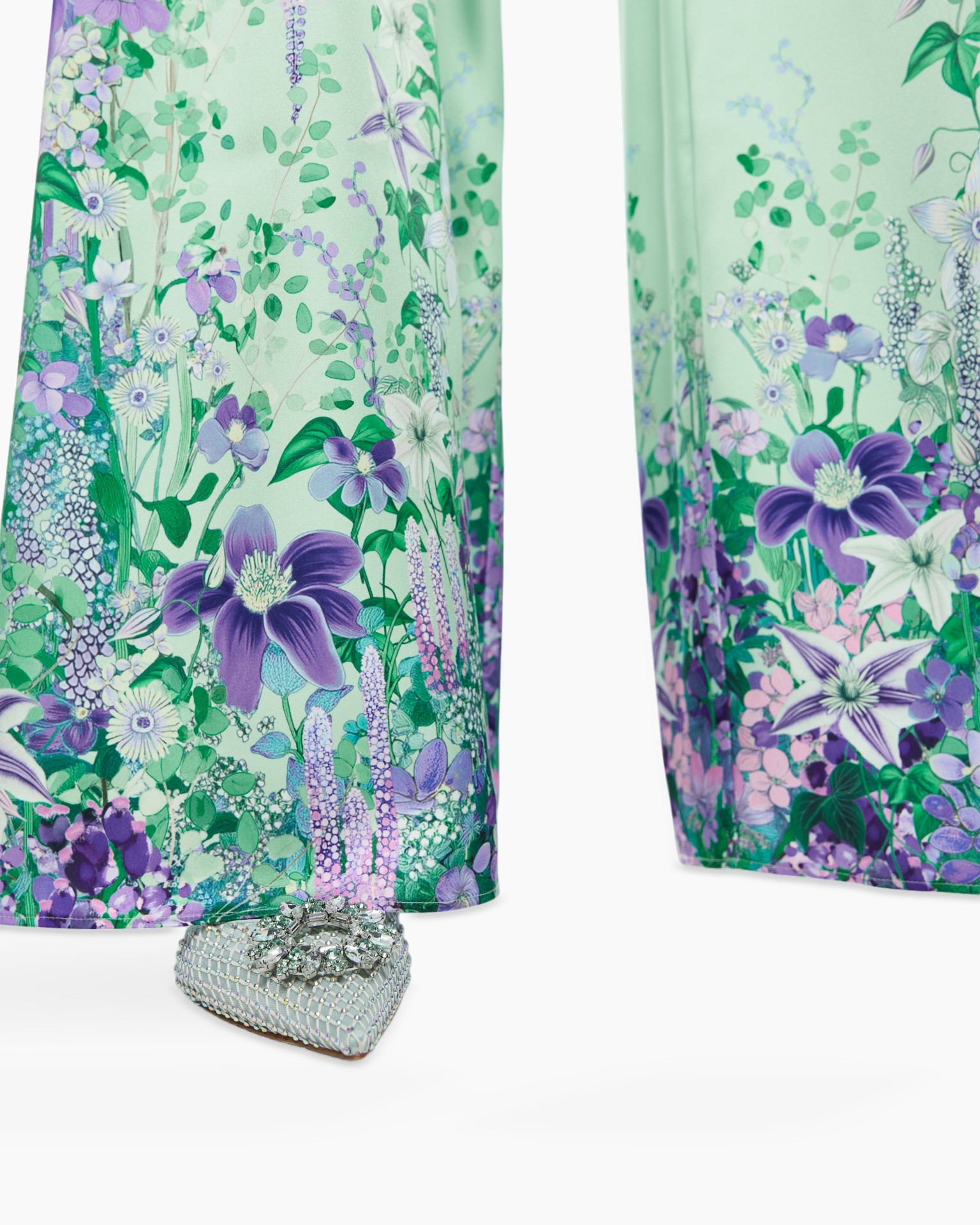 floral print, green dress, purple flowers, long skirt, embellished shoe
