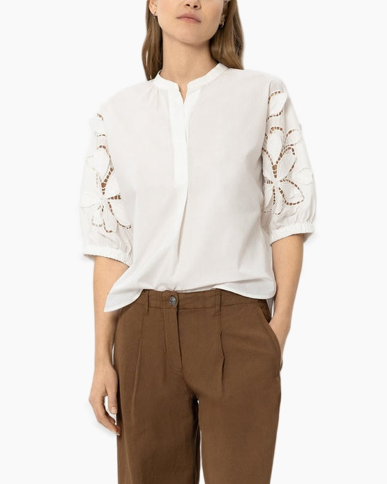 blouse, white top, eyelet sleeves, 3/4 sleeve, buttonless placket