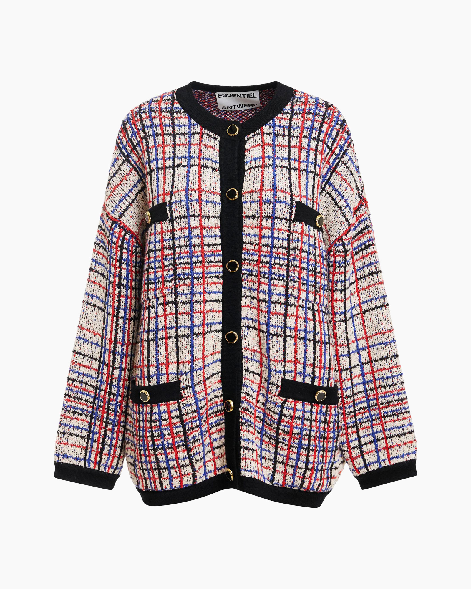 cardigan, plaid, tweed, button-front, knee-length, jacket
