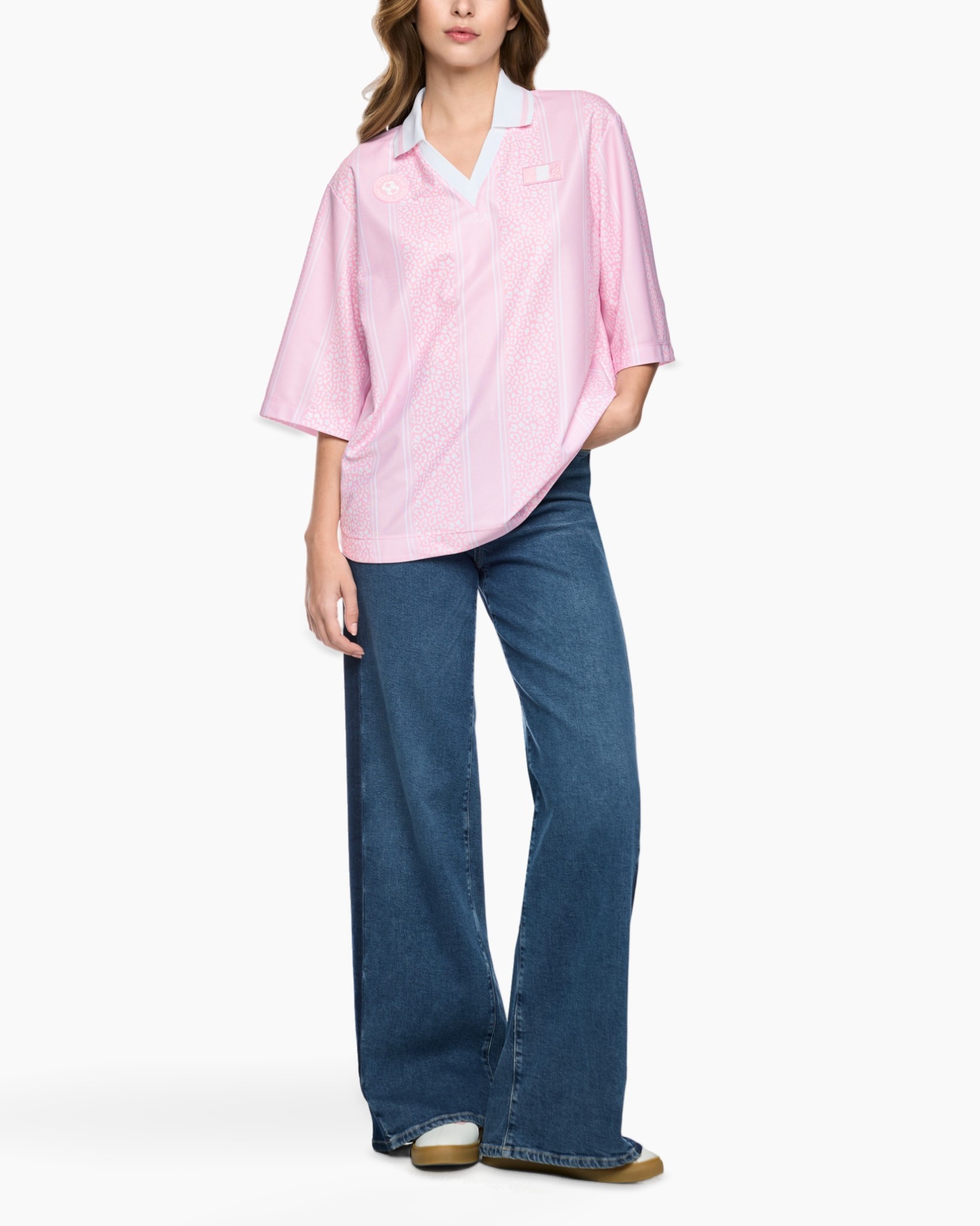 pink polo, striped polo, loose fit, wide leg jeans, casual top