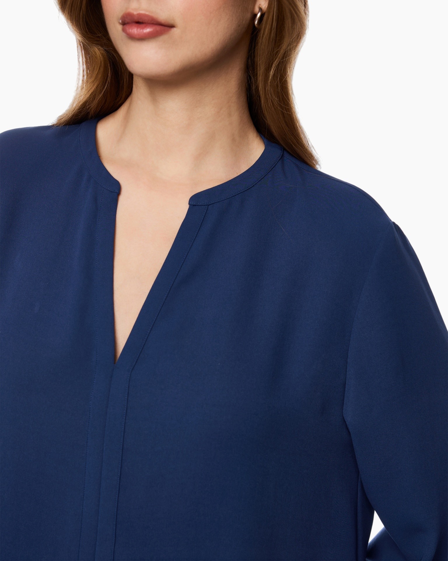 top, blue blouse, collared neck, long sleeves, solid color
