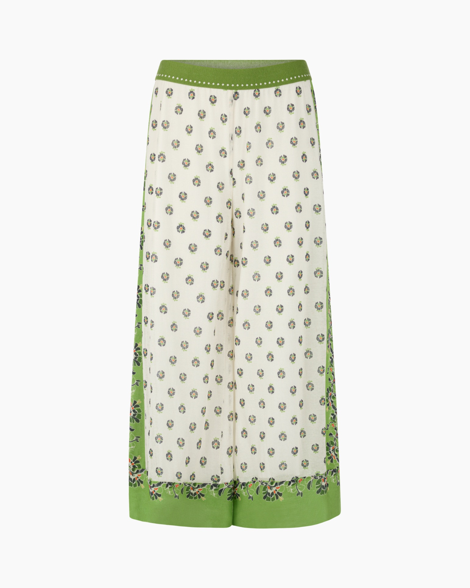 palazzo pants, printed pattern, green border, wide leg, linen-like fabric
