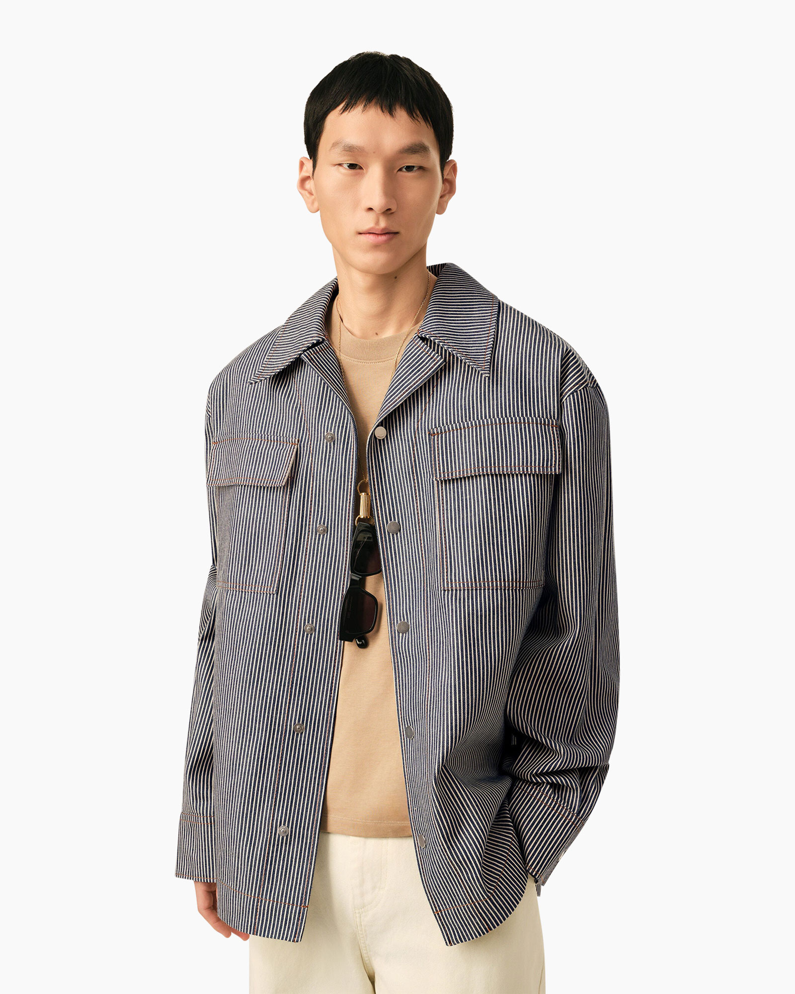 striped jacket, overshirt, snap buttons, front pockets, beige tee