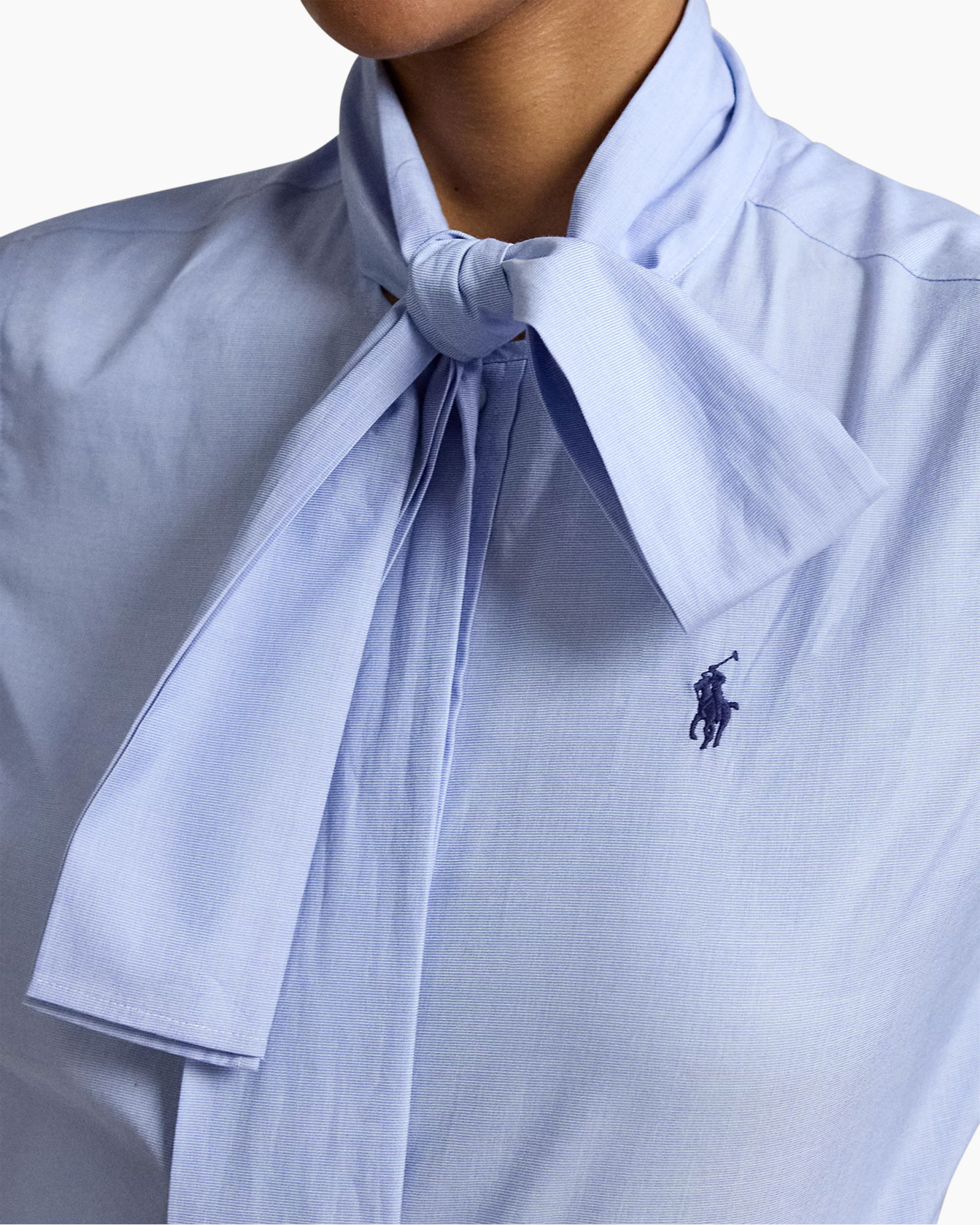 blouse, polo shirt, tie-neck, light blue, logo small