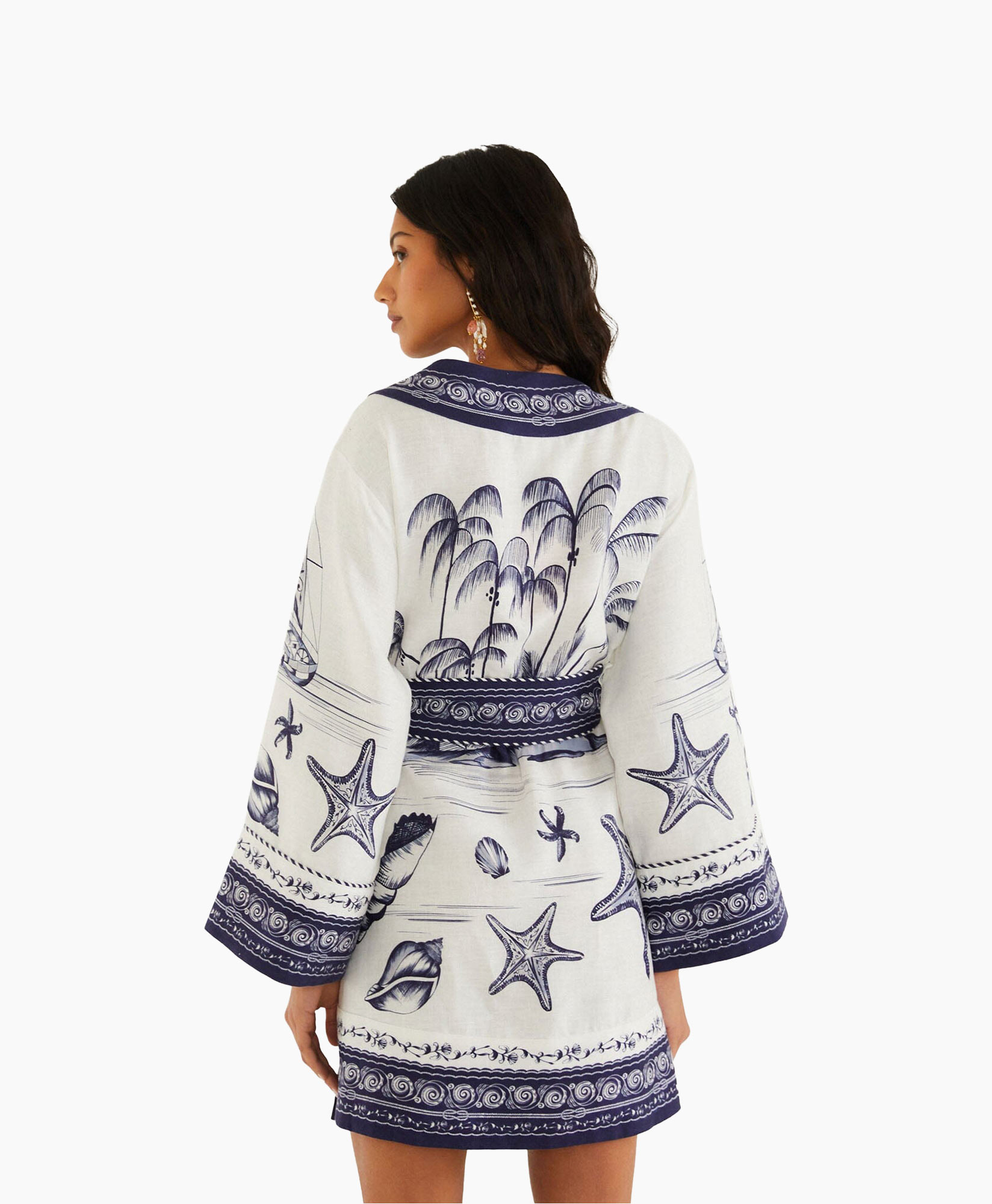 kimono, linen, navy, shells, palm-tree