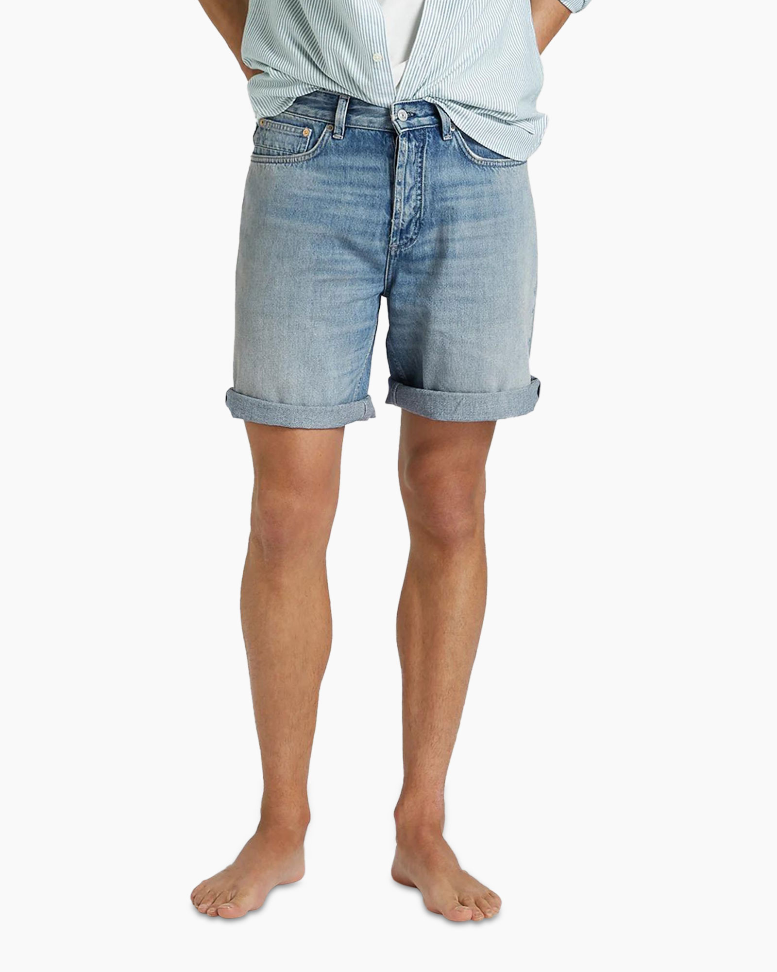 denim shorts, rolled cuffs, mid blue, five-pocket, button fly