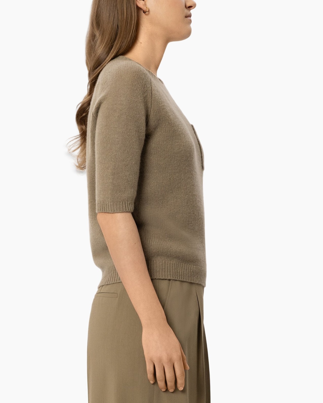 knit sweater, short sleeve, tan, beige, women's top