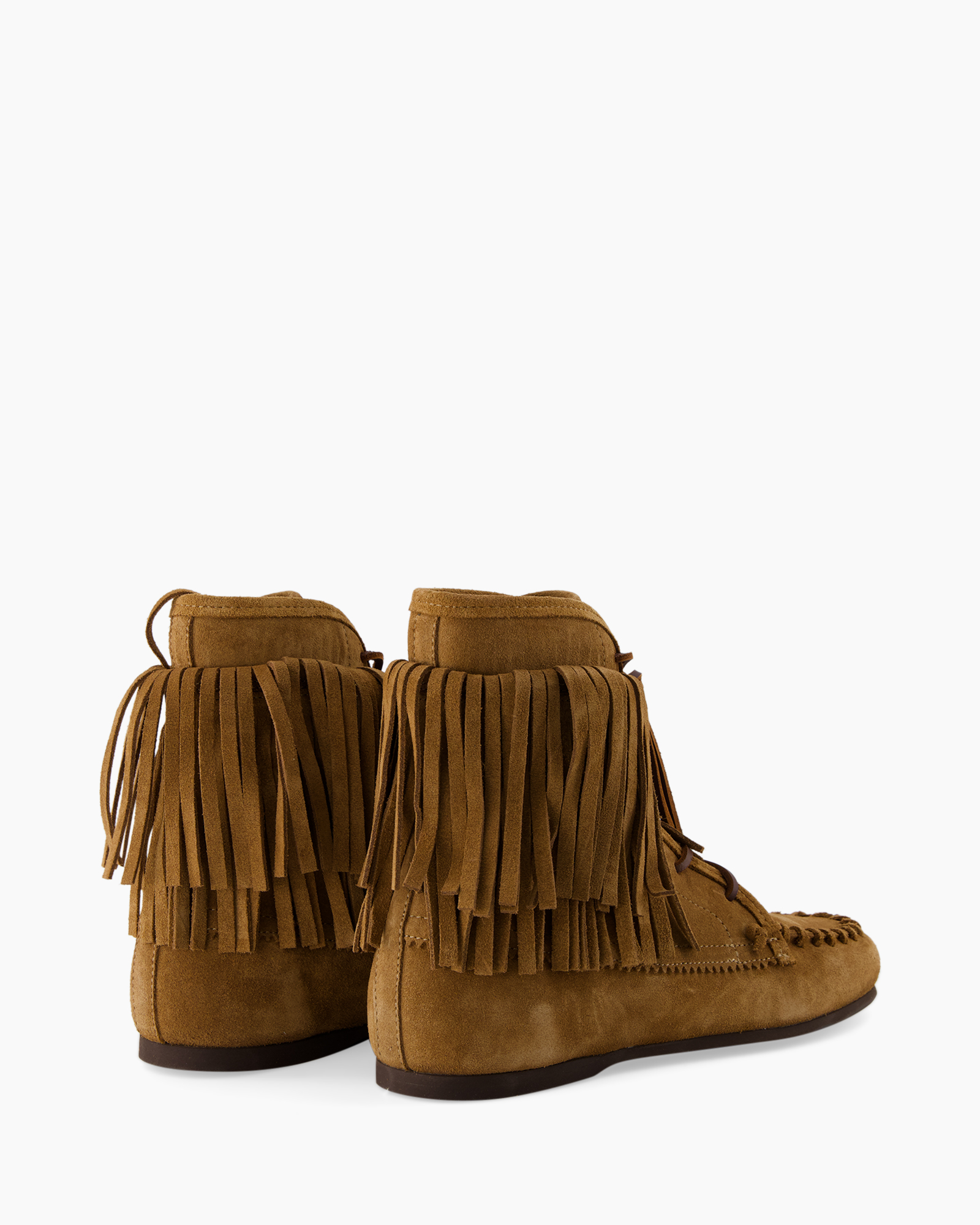 ankle boots, fringe, suede, brown, moccasin-style