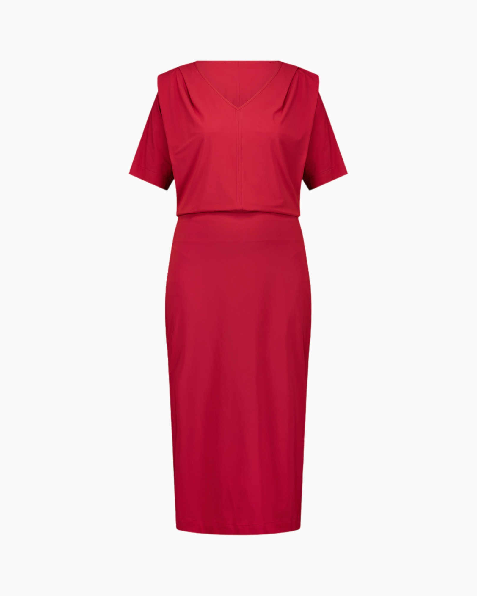 dress, red, knee-length, short-sleeve, v-neck