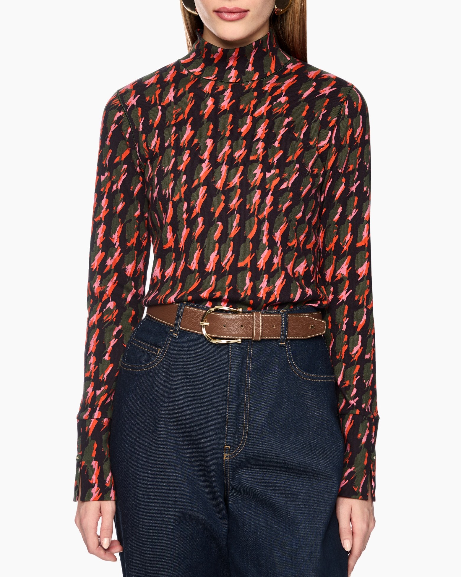 turtleneck, blouse, patternedTop, longsleeve, belted