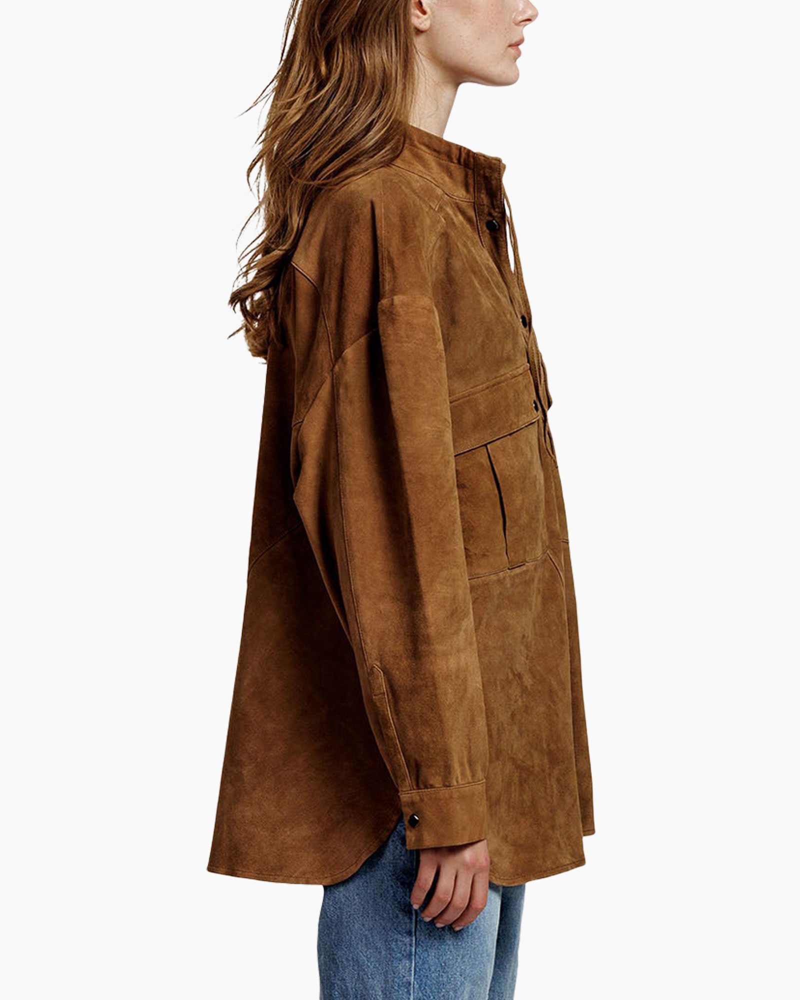 suede jacket,  brown,  long sleeve,  button front,  minimal pattern