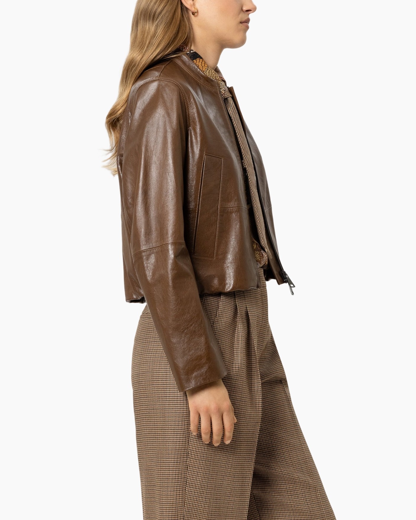 brown, leather jacket, biker jacket, cropped, pocket