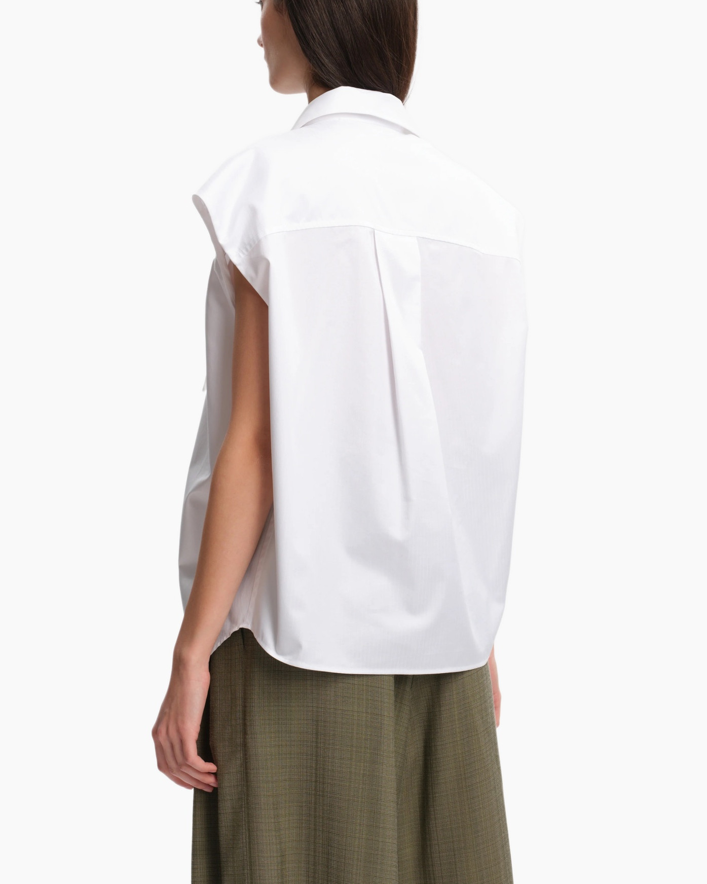 white shirt, asymmetric top, short sleeves, collar, pantsuit