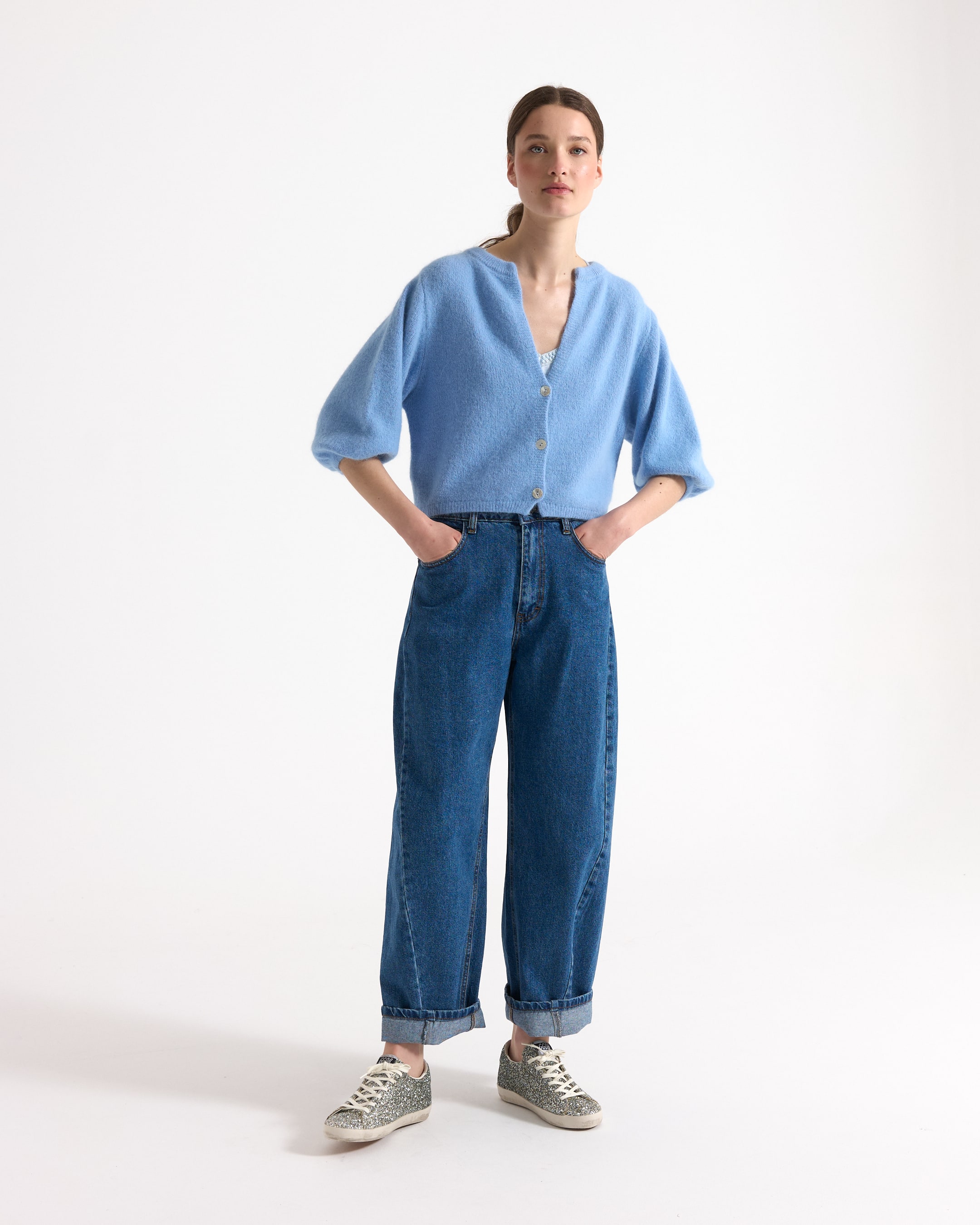 cardigan, blue, short-sleeve, button-up, knitwear, cardigan, blue, short-sleeve, buttoned, knit