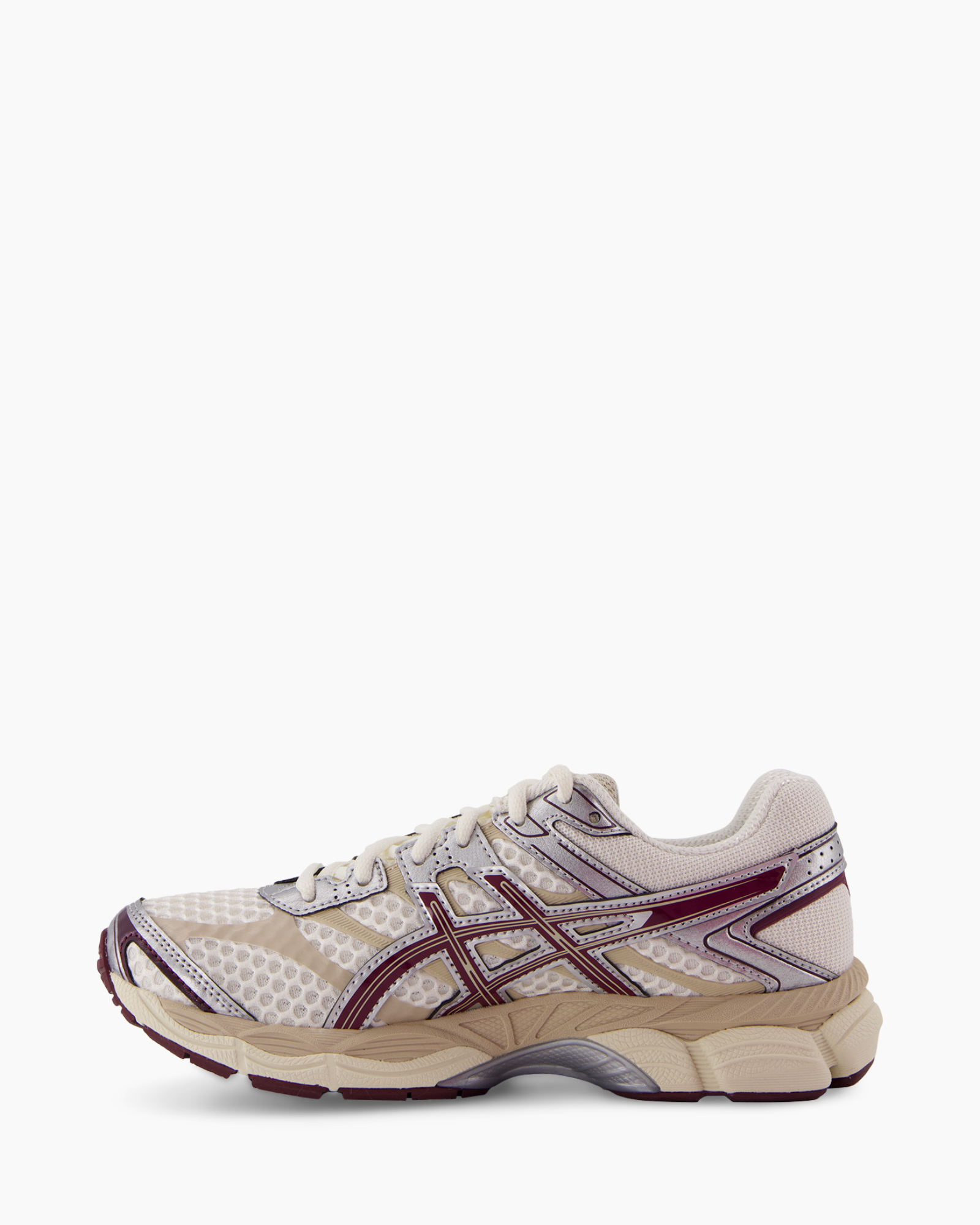 sneaker, running shoe, mesh upper, rubber sole, beige purple accents