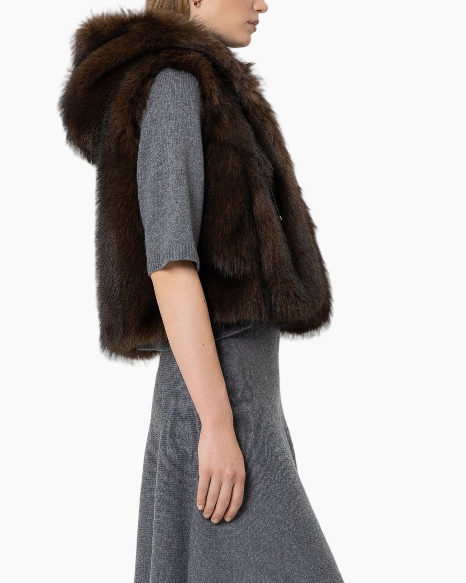 faux fur vest, fur vest, brown fur, sleeveless outerwear, layering piece