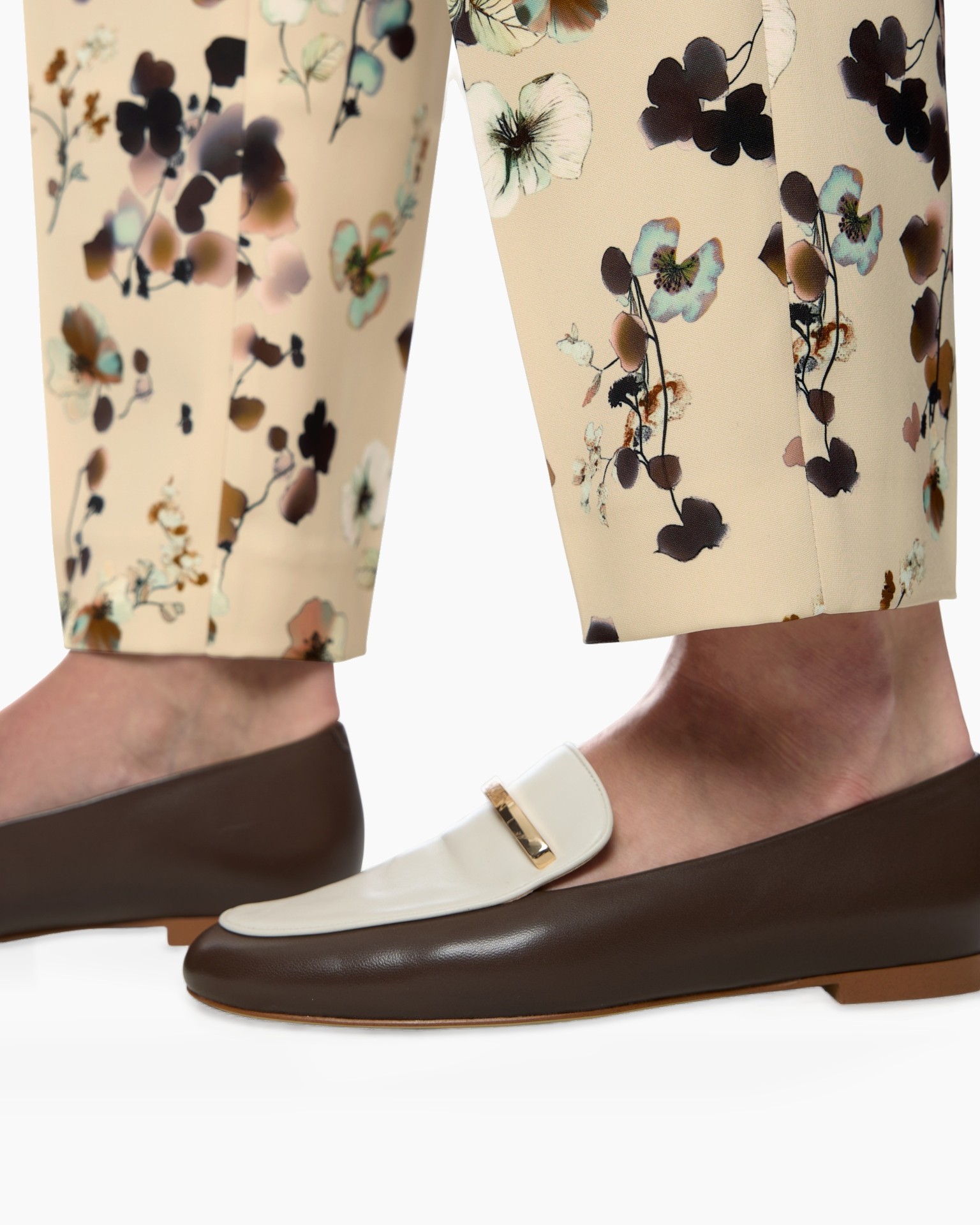 pants, floral, beige, cropped, loafers