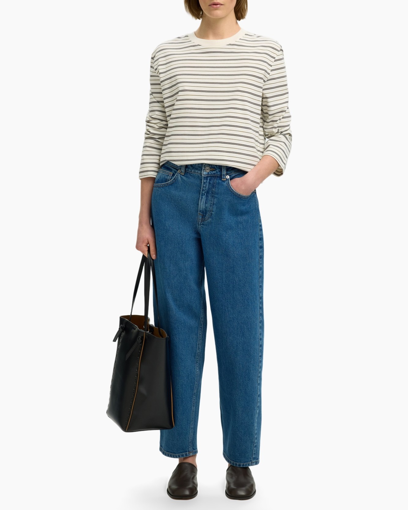 striped top, long sleeves, blue jeans, black tote, slip-on shoes