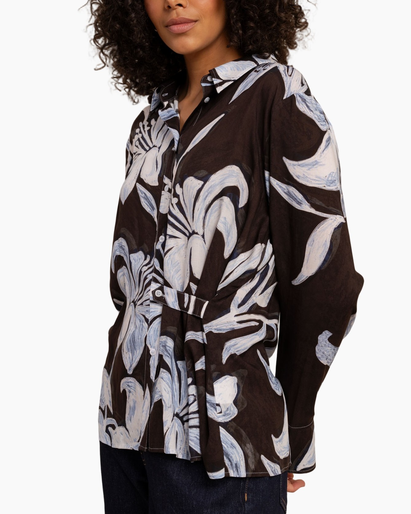 blouse, floral, long-sleeve, button-up, belted