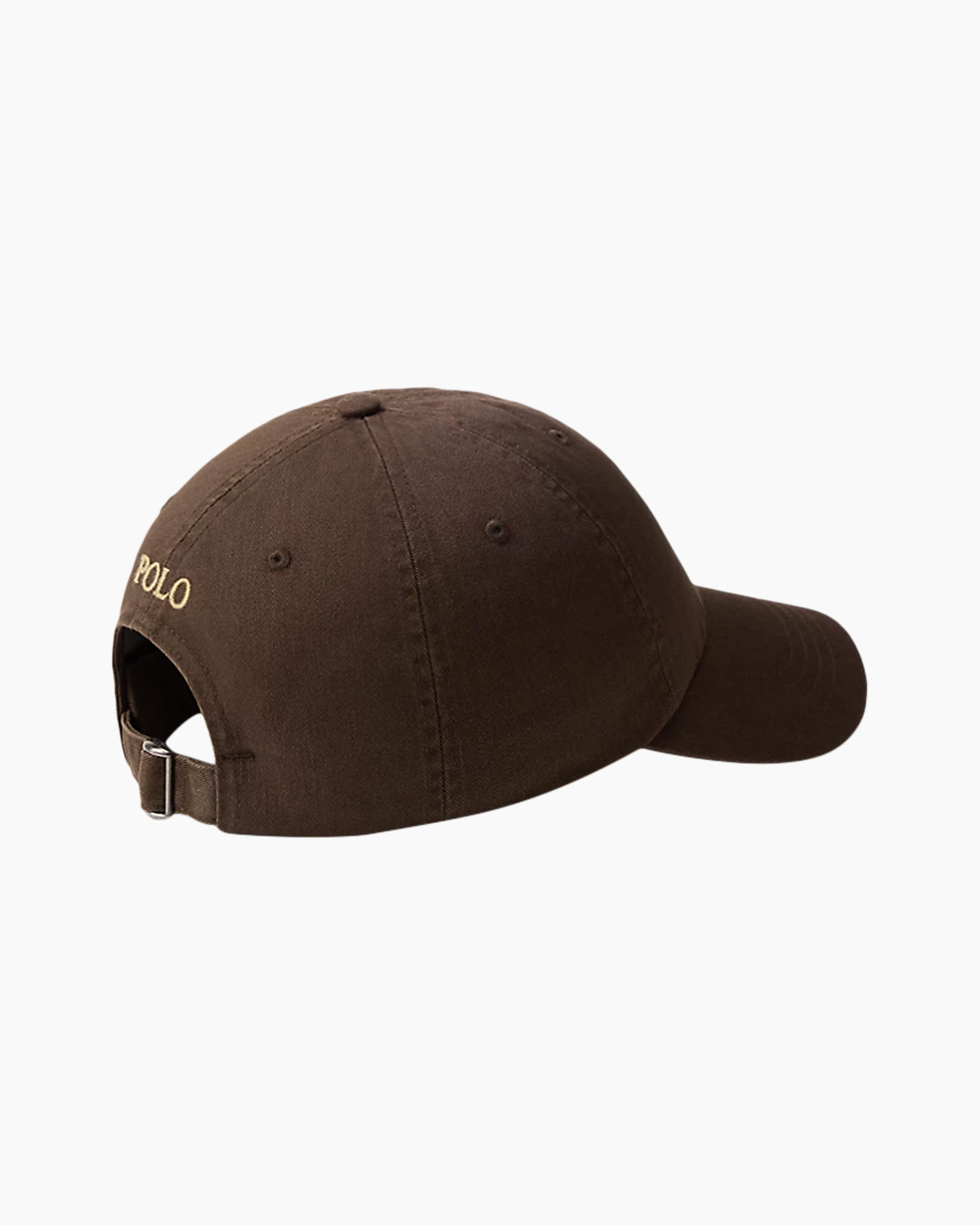 baseball cap, brown, back view, adjustable strap, six-panel
