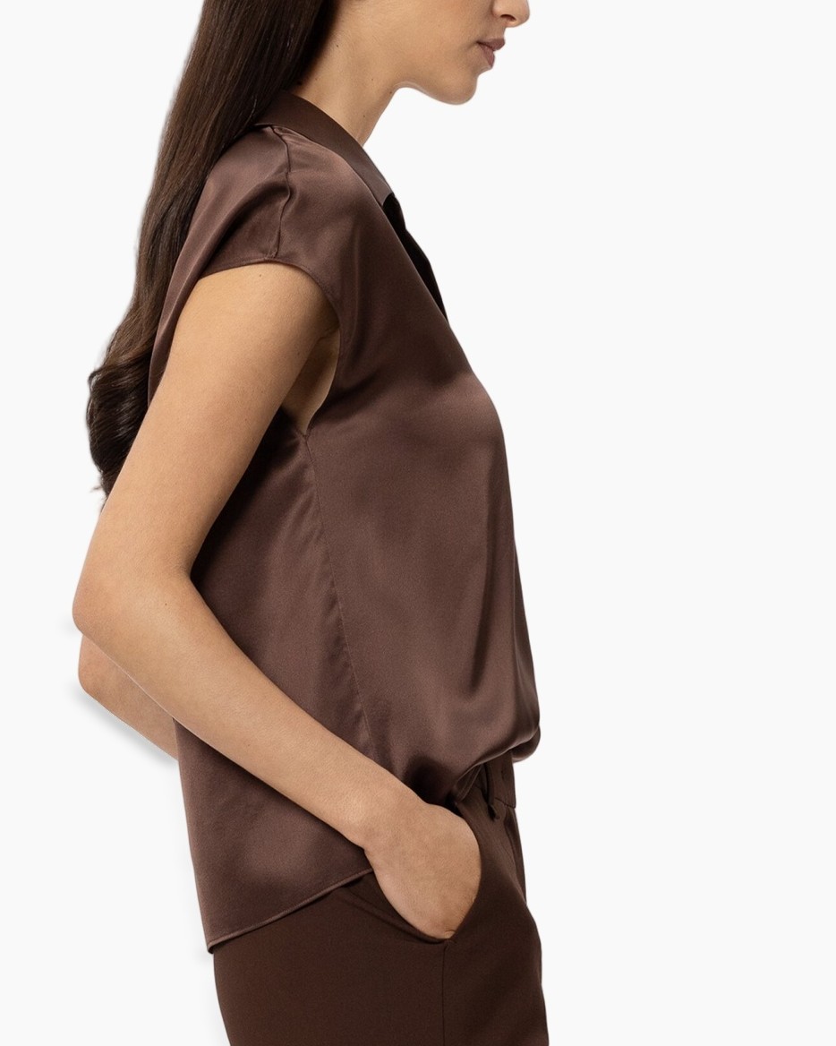 silk, blouse, cocoa brown, short sleeves, collared